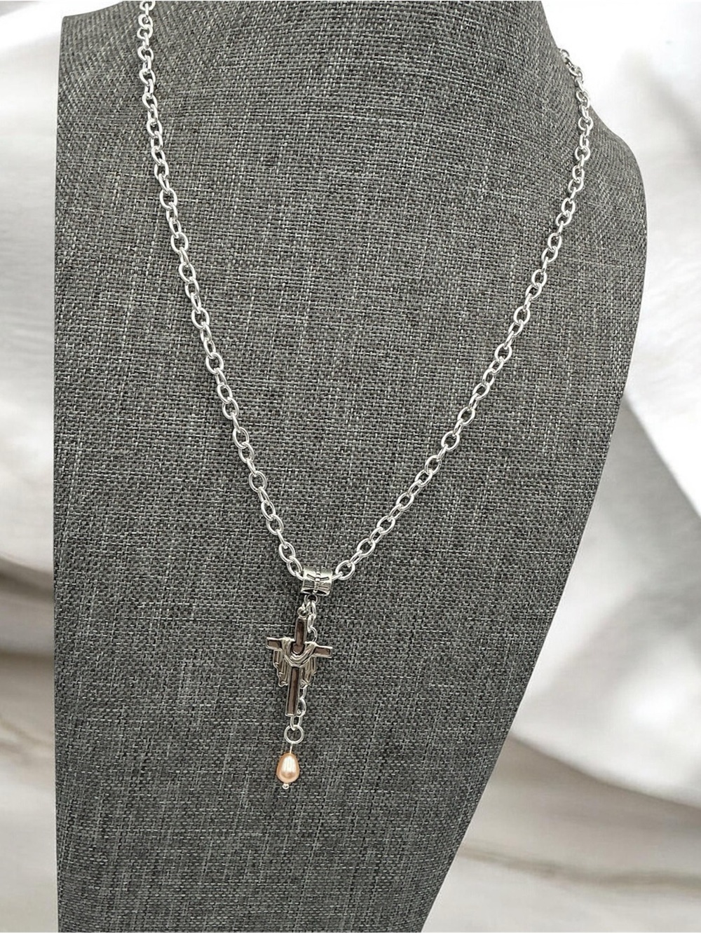 Silver Tone Vintage Cross Charm Necklace with Pearl Drop - Women Jewelry